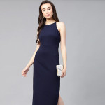 Women Navy Blue Solid Midi Sheath Dress